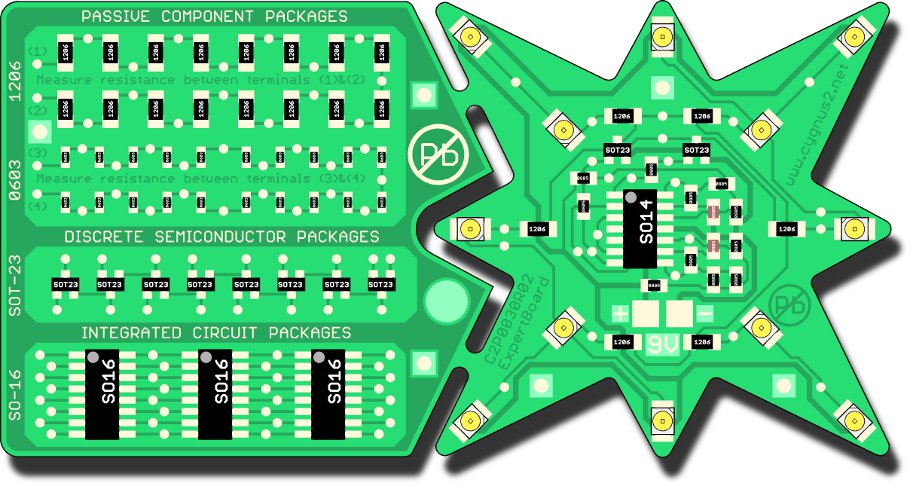 The electronic kit SMT consists of two sections – one section with non-functional circuit and one section with functional circuit. It is an excellent tool for soldering training including working with circuit diagram and assembly drawing. Once finalized, it works as a light effect - flickering star with 12 LEDs. Each component is equipped with test points allowing additional testing of solder points and soldered components.