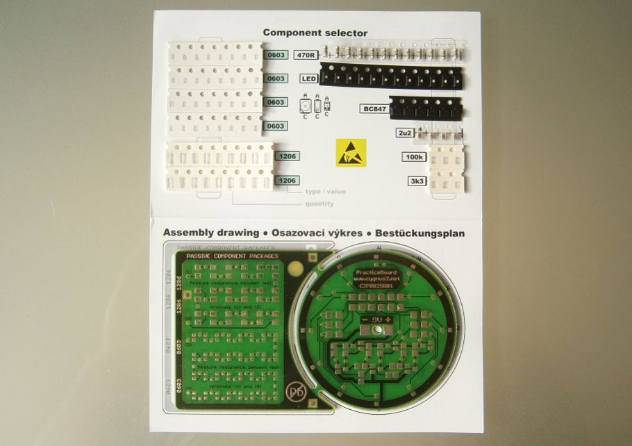 The advanced electronic kit especially designed for professional soldering training to gain experience and skills in manual mounting and soldering of printed circuit boards in SMT technology. As cost-effective solution, the electronic kit is intended for use in company training centers and technical schools. The electronic kit contains SMD components in an optimum size and quantity in order to allow gaining experience and skills in a short time. The SMD components are arranged into the sections. There is a stand-alone section - functional electronic circuit. Once finalized, it works as a light effect - flickering star with 12 LEDs. Each component is equipped with test points allowing additional testing of solder points and soldered components.