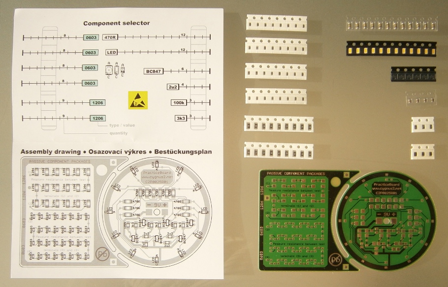 The electronic kit SMT with six functional electronic circuits, which can be interconnected. Once finalized it is ideal for measuring of components and circuits using existing test points.